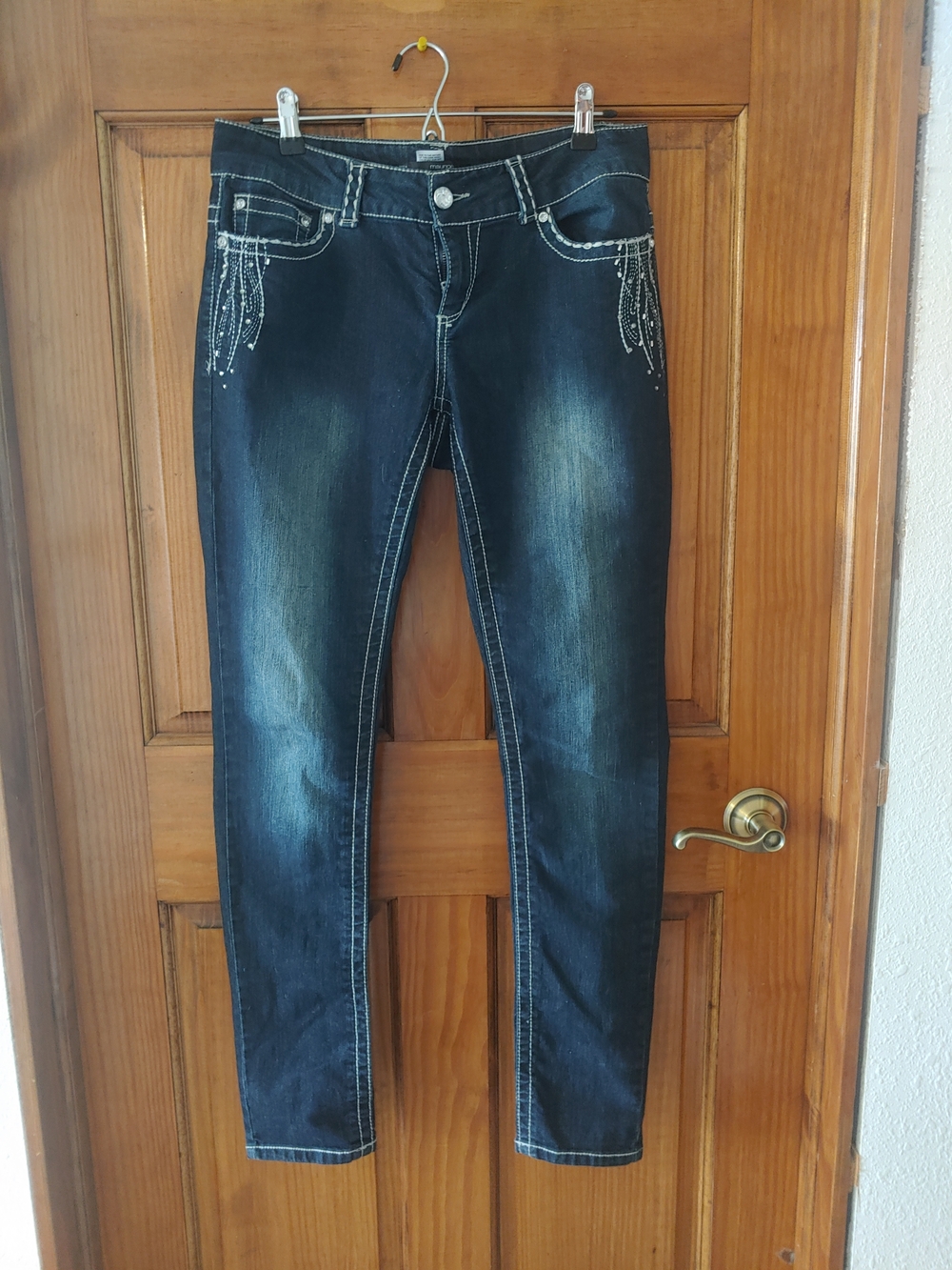 Maurices Dark Blue Skinny Jeans with Beaded Pocket Detail